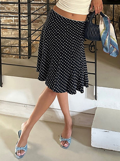 Black Vintage Polka Dot Ruffle Maxi Skirts