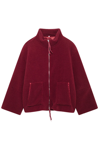Solid Color Stitching High Collar Long Sleeve Loose Pocket Woolen Coat