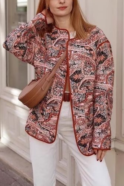 Retro Print Loose V-Neck Cardigan Cotton Jacket