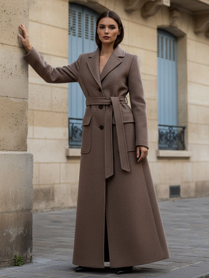 Belted Full Length Maxi Woolen Coat With Lapel And Big Pockets For Women 2026