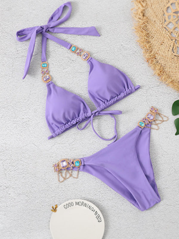 Solid Gem Engraved Halter Tie Back Bikinis