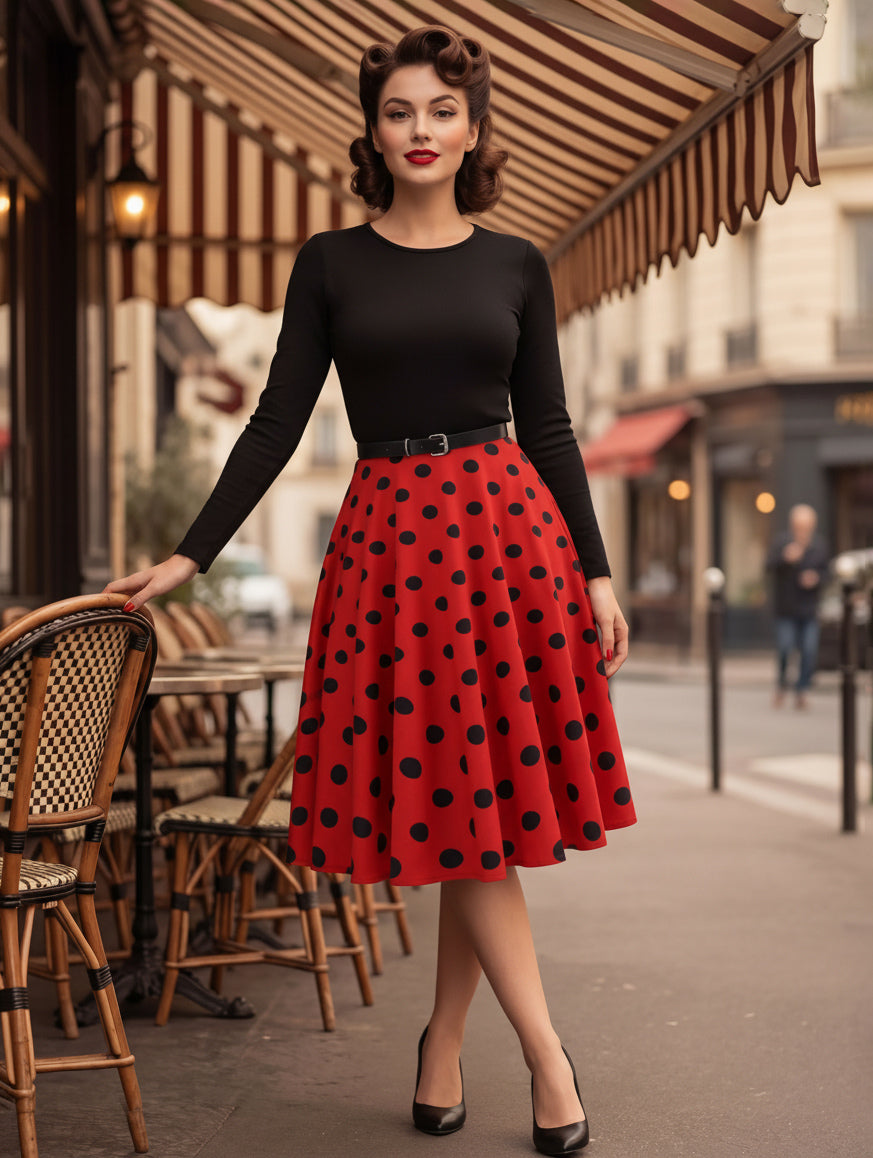 Vintage Polka Dot Swing Dress for Women - 1950s Rockabilly Long Sleeve Belted A-Line Midi Dress - Spring Retro Party 2026