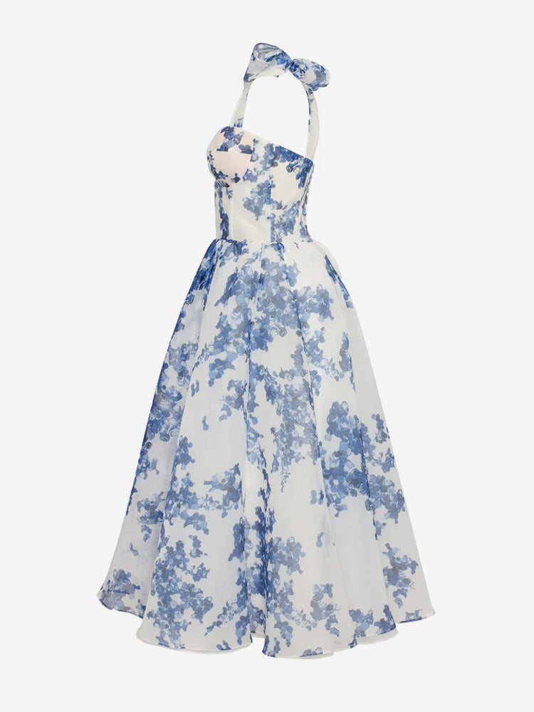 Light Sky Blue Corset Dress Tie Strap Floral A-Line Elegant Party Prom Midi Dresses