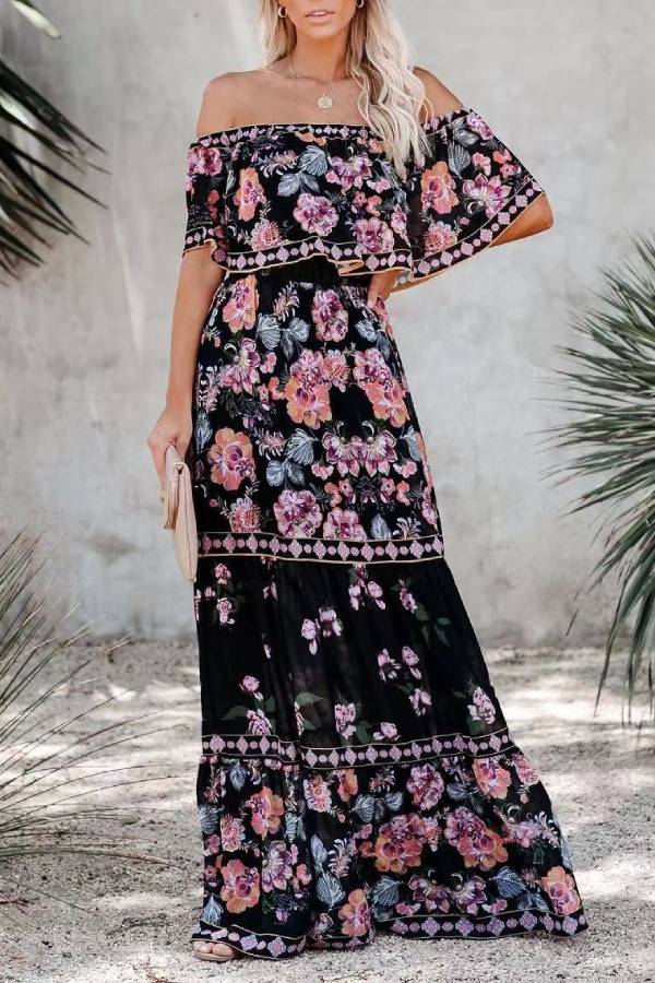 Off-shoulder printed long swing dress