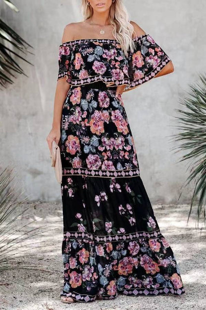 Off-shoulder printed long swing dress