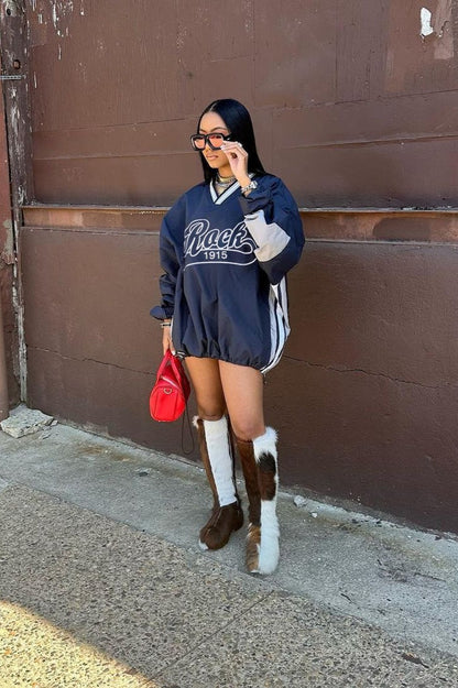 Loose Fit Sports Knit V Neck Sweatshirt