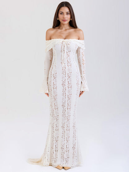 Black Floral Lace Maxi Dress Off Shoulder Bell Long Sleeve Mermaid Bodycon Dress For Women 2026