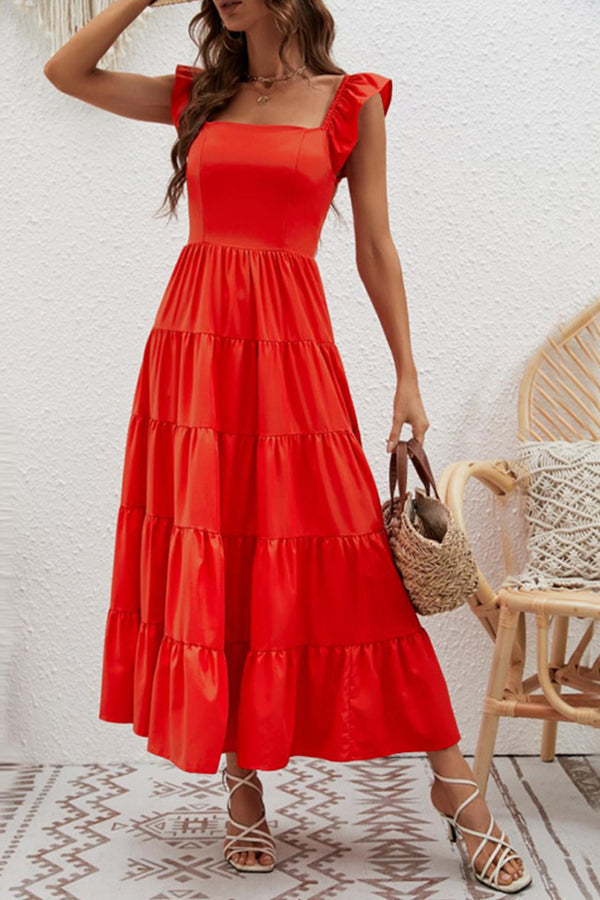 High Waist Solid Color Slim Waist Flying Sleeve Cake Skirt Dress