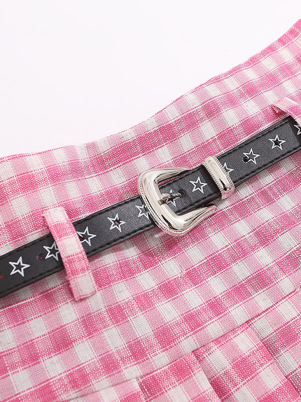 Plaid Pleated With Star Belt Mini Skirts