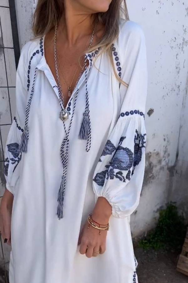 V-neck Bell Sleeve Embroidered Dress