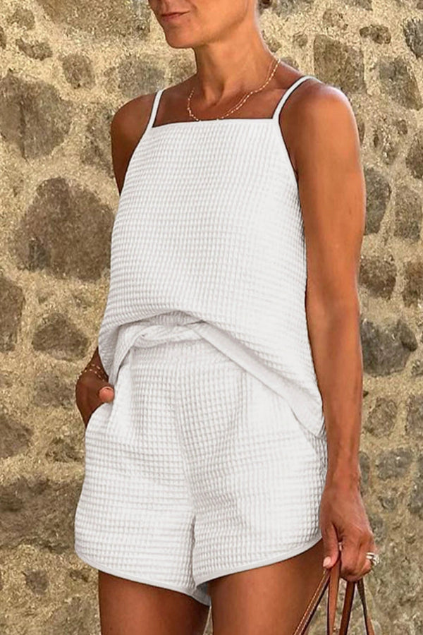 White Waffle Knit Textured Spaghetti Straps Cami and Shorts Set