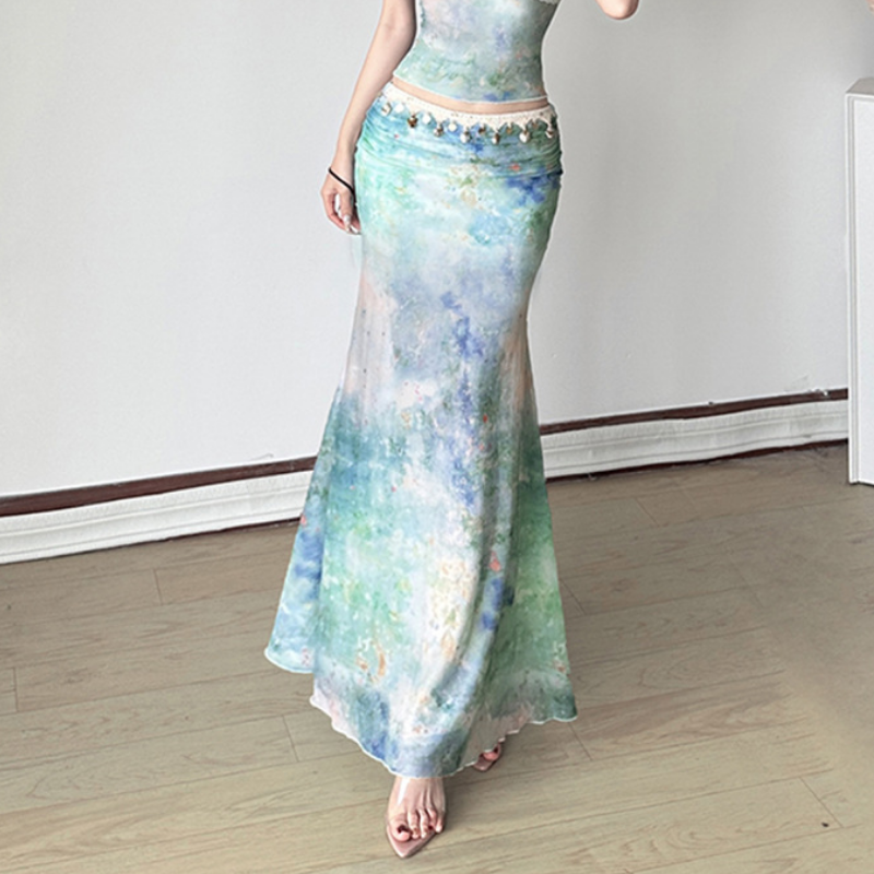 Ruched print glitter contrast maxi skirt