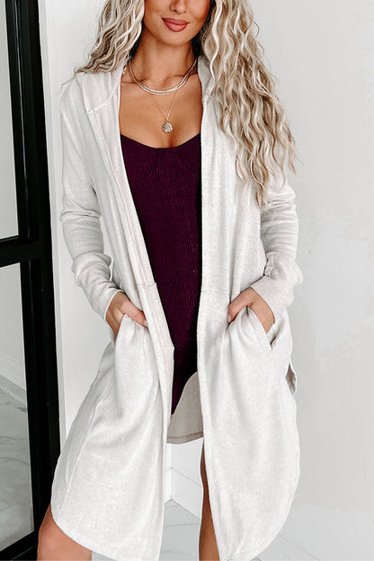 Snow White Side Splits Open Front Hooded Cardigan
