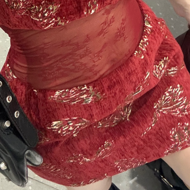 Mesh patchwork velvet tube mini skirt set