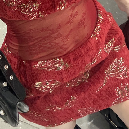 Mesh patchwork velvet tube mini skirt set