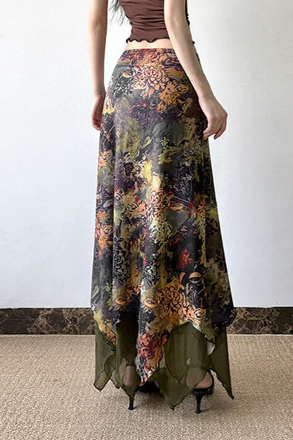 Botanical Print Mesh A-Line Maxi Skirt