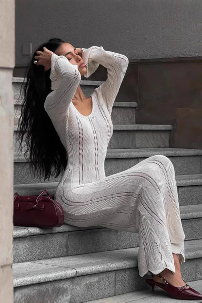 V-Neck Knitted Dress With Flared Sleeves & Hollow Hip-Wrap Maxi Dress