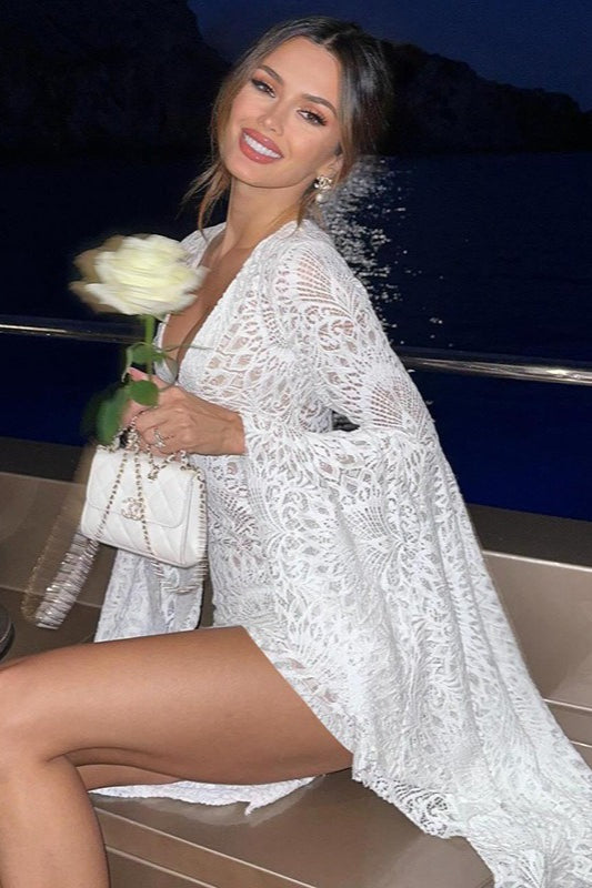 Plunging V-Neck Crochet Lace Bell Sleeve Bodycon Mini Dress
