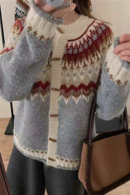 Crew Neck Fair Isle Christmas Horn Button Knit Cardigan