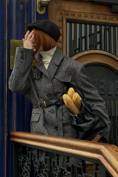 Houndstooth Wool Double Breasted Mid Length Trench Coat