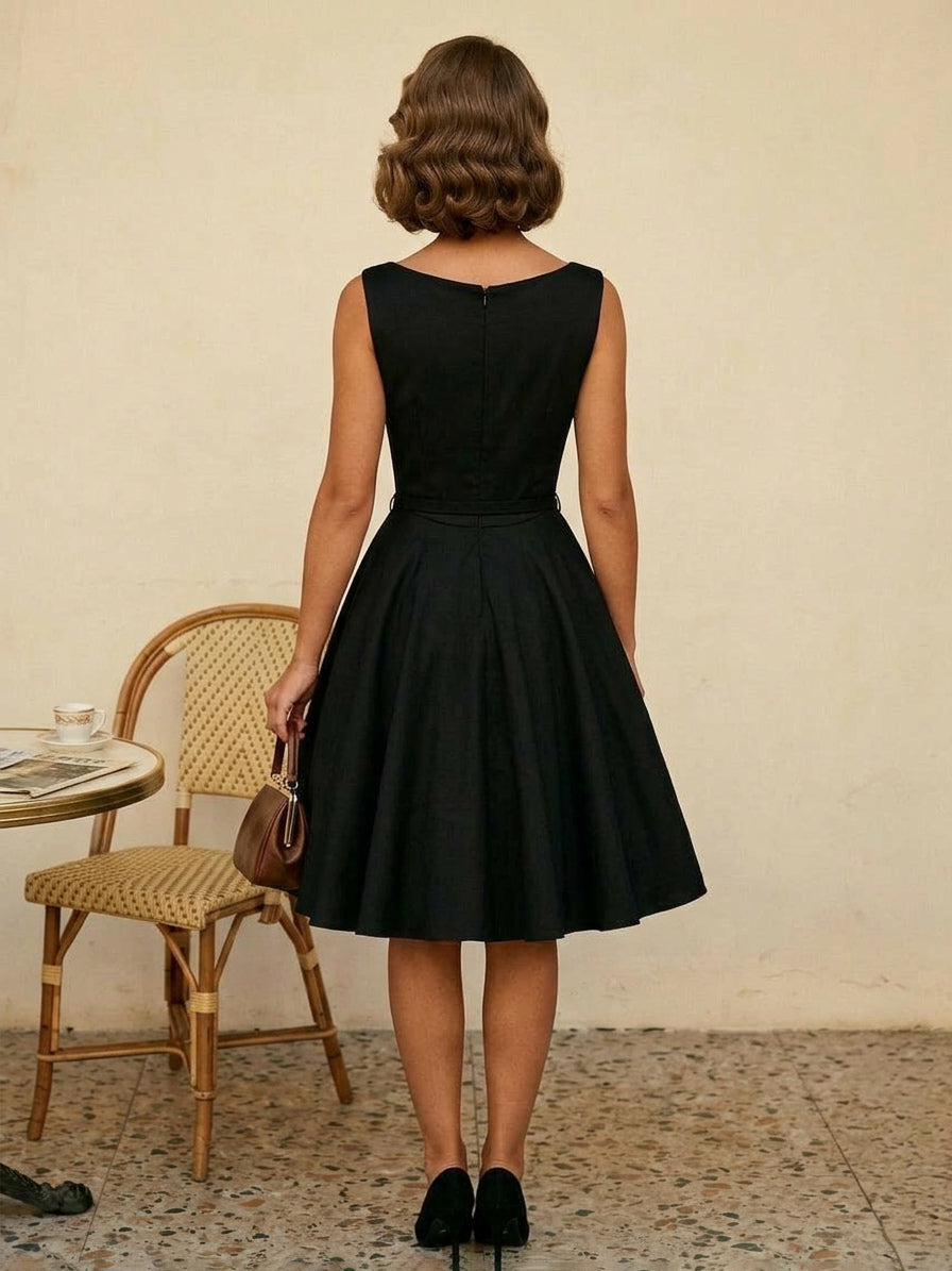 Vintage 1950s Swing Cocktail Dress Women - Sleeveless Boat Neck A-Line Belted Audery Style Midi Gown - Wedding Guest 2026
