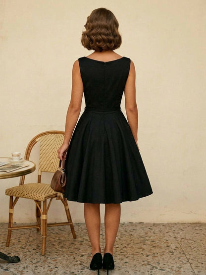 Vintage 1950s Swing Cocktail Dress Women - Sleeveless Boat Neck A-Line Belted Audery Style Midi Gown - Wedding Guest 2026