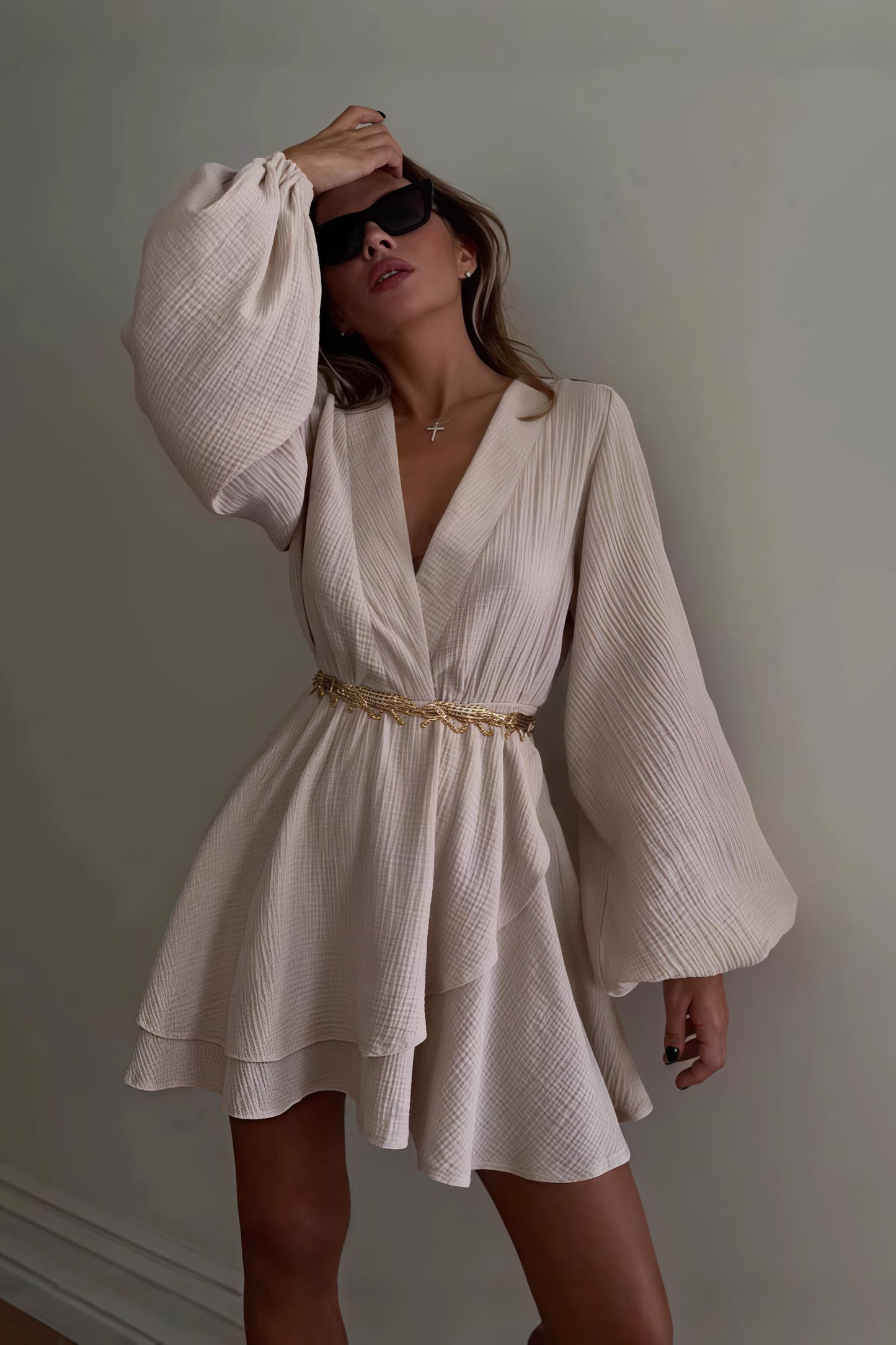 Wrap V-Neck Balloon Sleeve Tiered Ruffle Crinkle Mini Dress