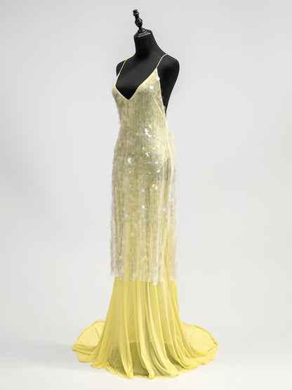 Sequin Sheer Maxi Slip Dress for Women - Butter Yellow Boho Backless V Neck Mermaid Cut Evening Gown - Summer Beach 2026