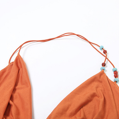 Halter beaded solid backless square neck top