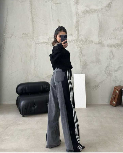 High Waisted Straight Pants Casual Pants Striped Patchwork Jeans