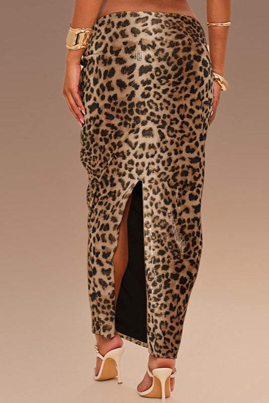 Leopard Sequin High-Slit Bodycon Skirt