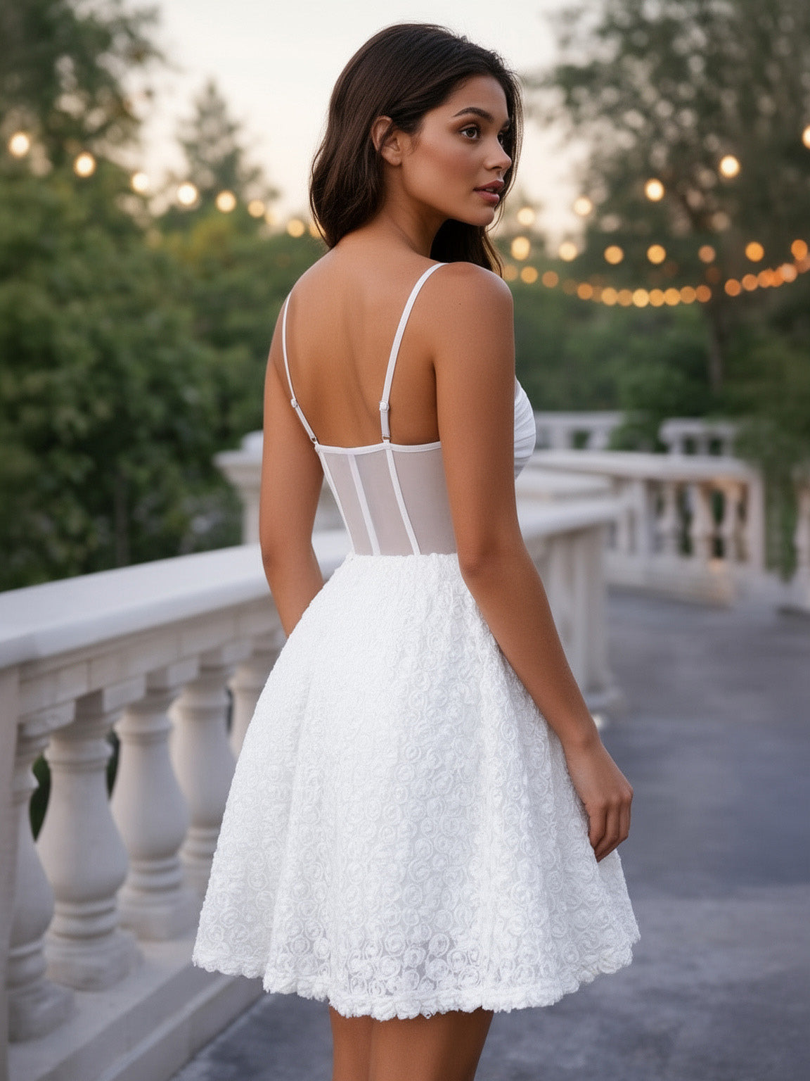 White Mini Slip Dress With Flower Decoration And Sheer Waist 2026