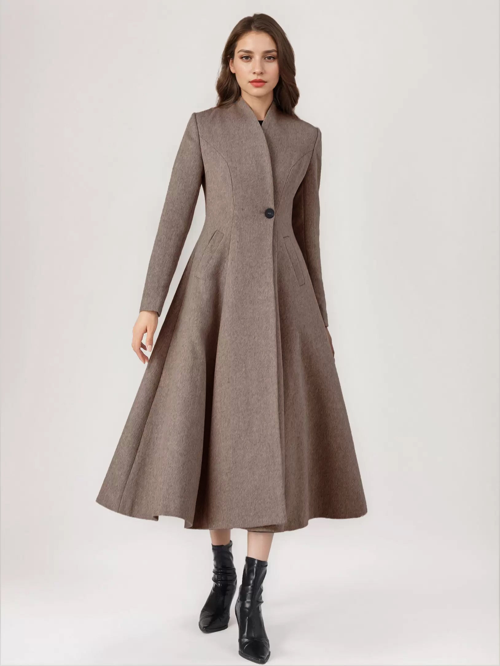 Wool Blend Flared Coat For Woman One Button Gray A-line Winter Midi Outerwear 2026