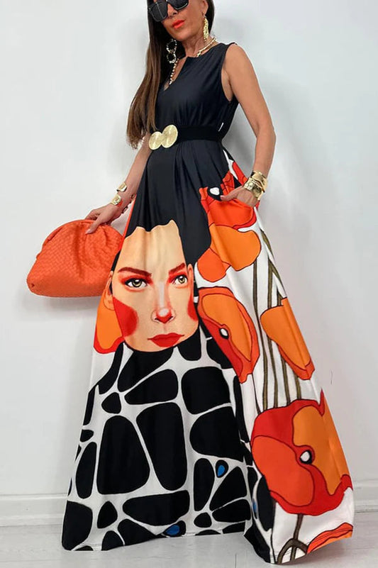 Mexican Tribal Style Unique Print Pocketed A-line Loose Maxi Dress