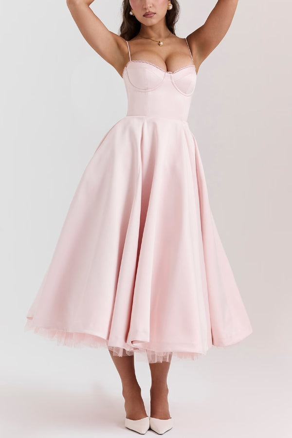 Lace Trim Sweetheart Corset Bodice Tulle Petticoat Fit and Flare Midi Dress