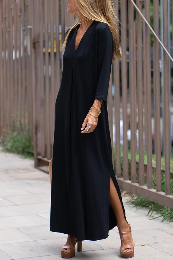 Solid Color V Neck Comfy Dresses
