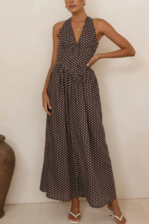 Polka Dot Print Halter Neck Fitted Waist Holiday Maxi Dress