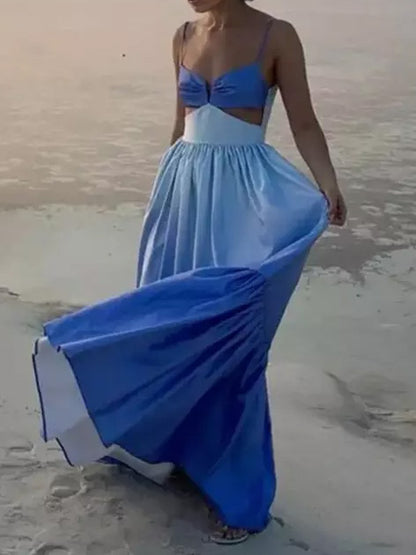 Gradient Maxi Slip Dress for Women - Blue Boho Side Cutout V Neck Tiered A Line Sundress - Summer Beach Vacation 2026