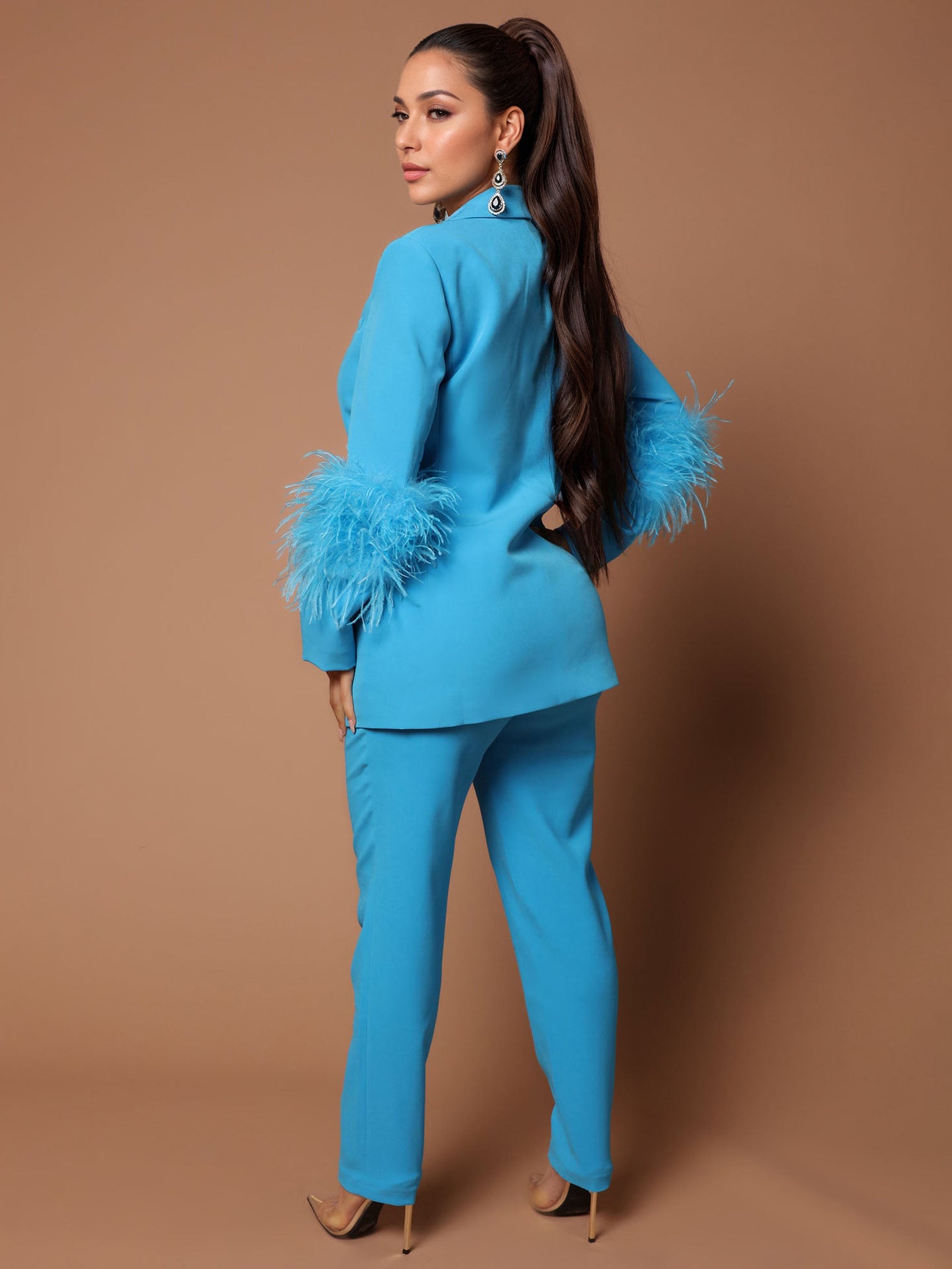 Pant Set Lapel Deep V-Neck Feathers Sexy Women Suits