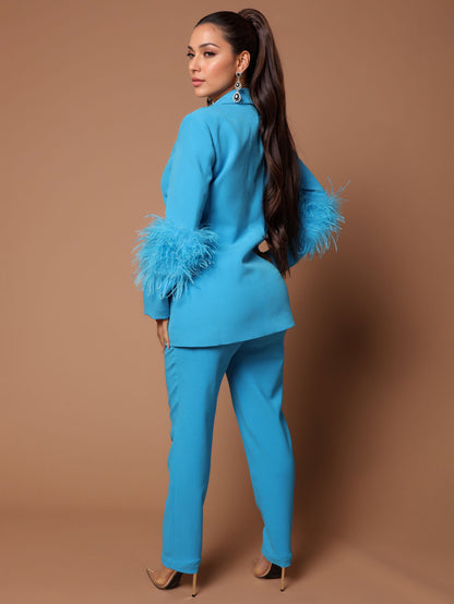 Pant Set Lapel Deep V-Neck Feathers Sexy Women Suits