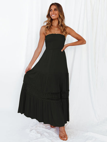 Strapless Smocked Maxi Dress for Women - Boho Crochet Lace Tiered Tube Dress - Summer Beach Resort 2026