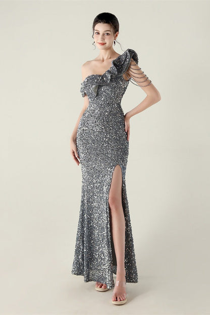 Draped One Shoulder Ruffle Formal Dress