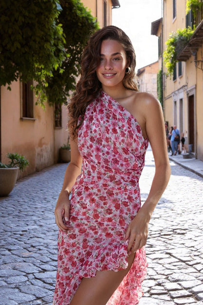 Sexy Asymmetric Ruffle Floral Print Maxi Dress
