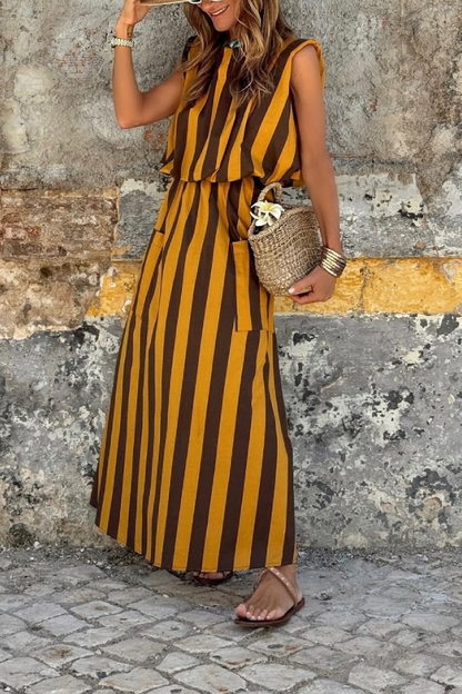 Yellow and Black Striped Sleeveless Waist Long Dress
