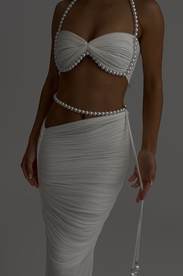 Imalia Stretch Mesh Pearl Trim Gathered Tank and  Detachable Belt Vacation Maxi Skirt Set