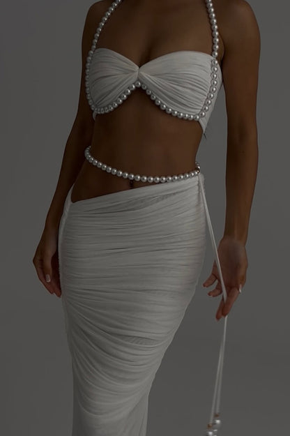 Imalia Stretch Mesh Pearl Trim Gathered Tank and  Detachable Belt Vacation Maxi Skirt Set