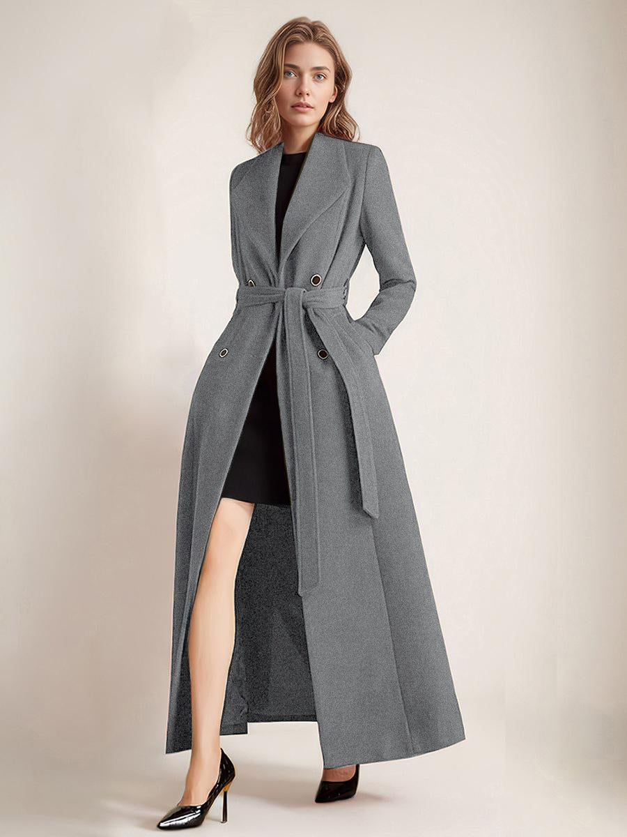 Maxi Woolen Coat For Women Double-breasted Large Lapel Belted A-line Full Length Winter Outerwear 2026