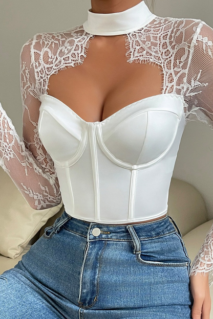 Sexy Slim Plunging Neck Lace Chic Long Sleeve Crop Top