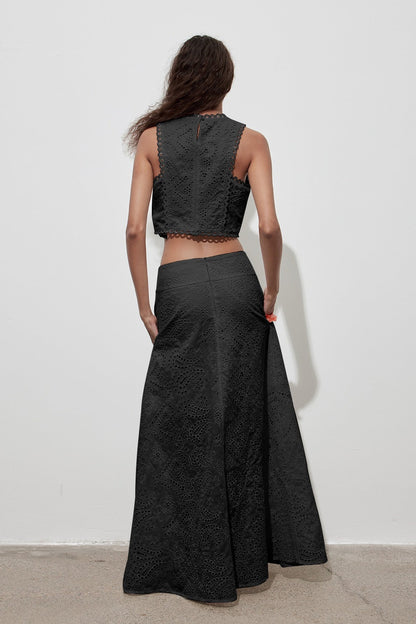 Cutout Allover Embroidered Maxi Skirt