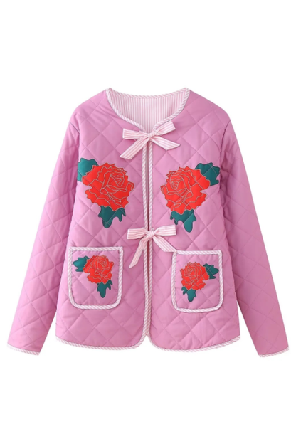 Rose Print Bow Quilted Jacket